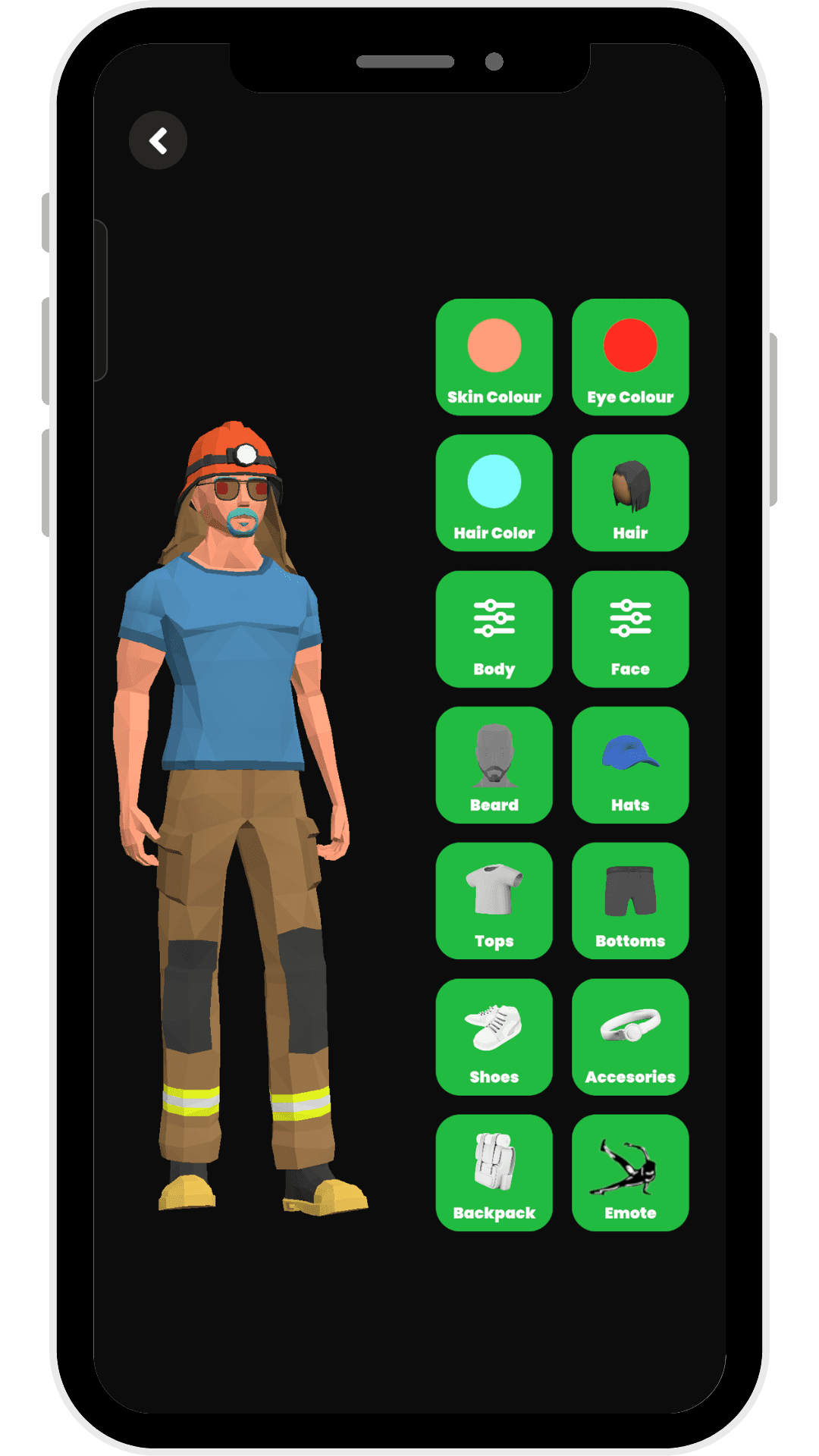 RunAI app avatar customization screen showing a full-body 3D character wearing sunglasses, an orange hard hat, blue t-shirt, brown cargo pants with reflective yellow strips, and yellow boots. On the right side is a grid of 14 green category buttons for customizing: Skin Colour, Eye Colour, Hair Color, Hair, Body, Face, Beard, Hats, Tops, Bottoms, Shoes, Accessories, Backpack, and Emote.